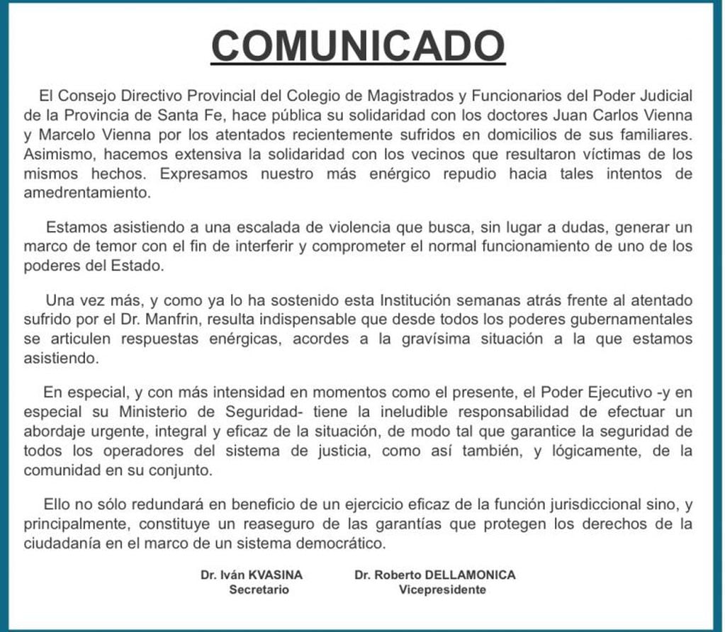 Comunicado del Colegio de Magistrados y Funcionarios del Poder Judicial de Santa Fe por atentados contra Juan Carlos Vienna en Rosario. (Prensa Colegio de Magistrados)
