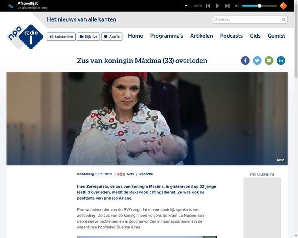 De Telegraaf tenía en la portada de su sitio web la muerte de la hermana de la reina Máxima.