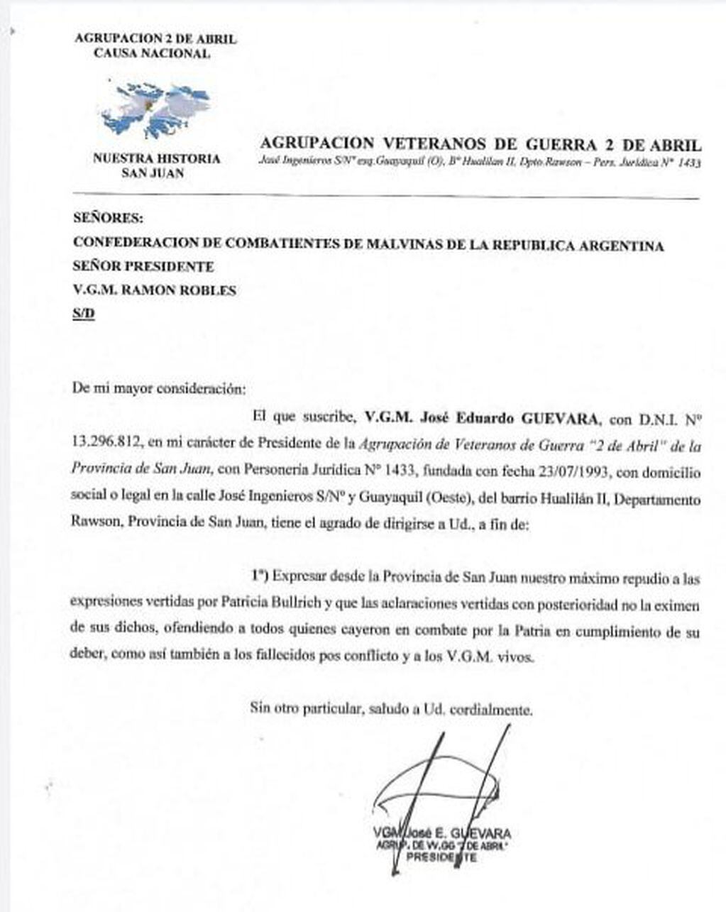 El comunicado de la Agrupación de Veteranos 2 de Abril de San Juan.