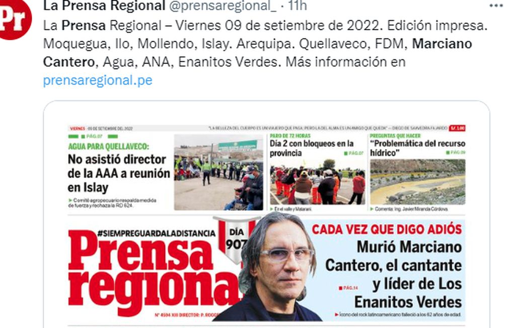 La prensa peruana reflejó con grandes portales el fallecimiento de Marciano Cantero.