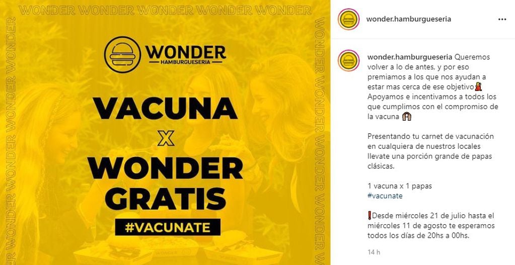 La promoción que largaron desde Wonder a través de su cuenta de Instagram que premia a sus clientes vacunados.