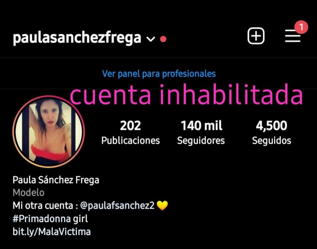 Paula Sánchez Frega, y su cuenta de Instagram inhabilitada. 