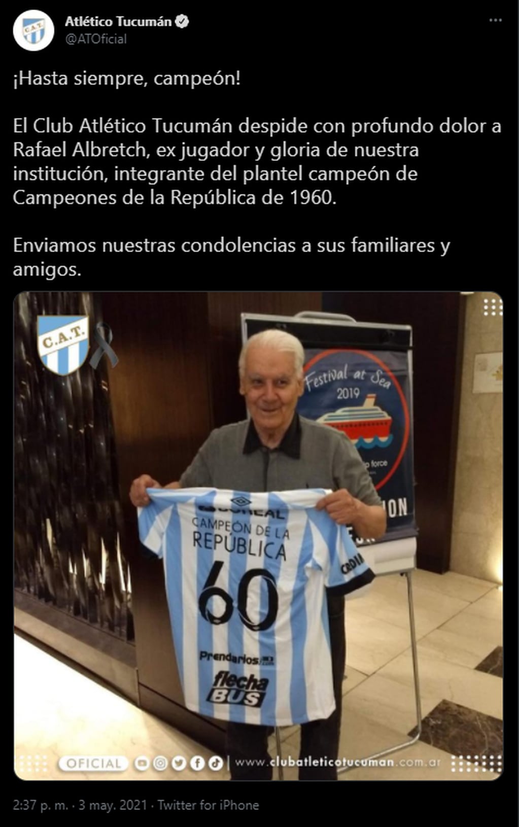 El mensaje de Atlético Tucumán tras la muerte de José Rafael Albrecht.