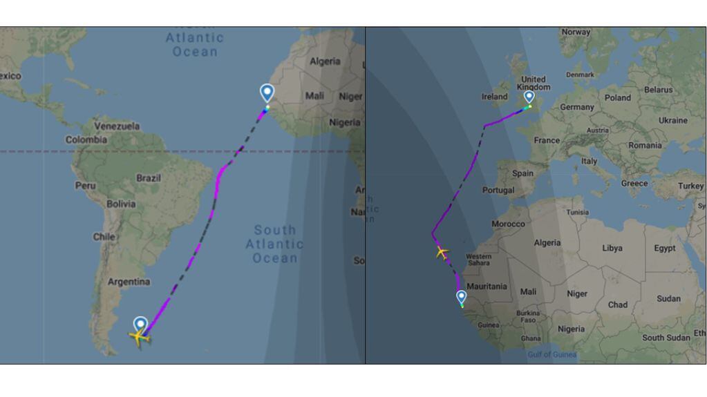 Representación de la ruta aérea. Malvinas - Dakar / Dakar - Brize Norton (Plataforma web de vuelos).