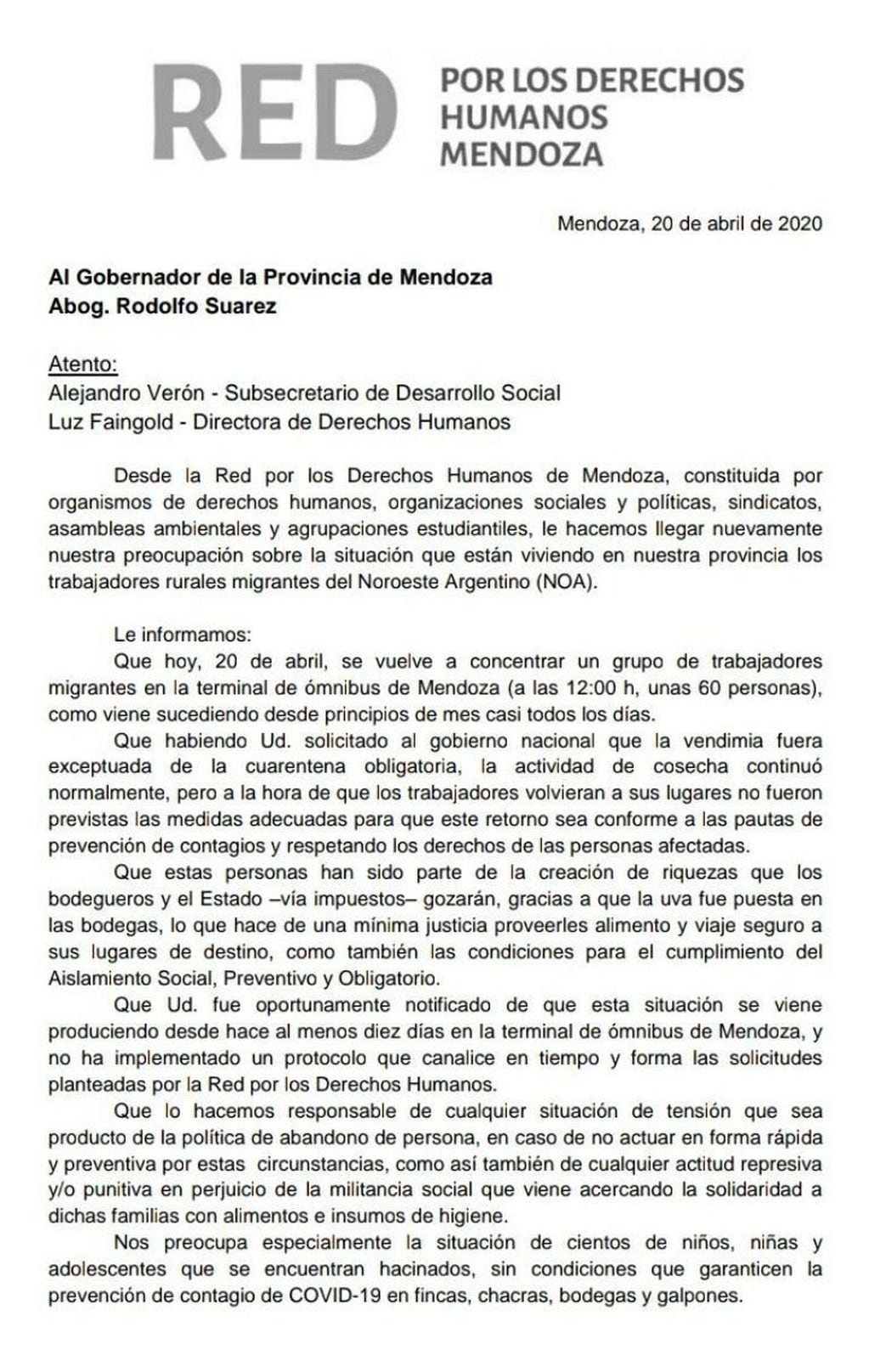 La nota de la Red por los Derechos Humanos Mendoza.