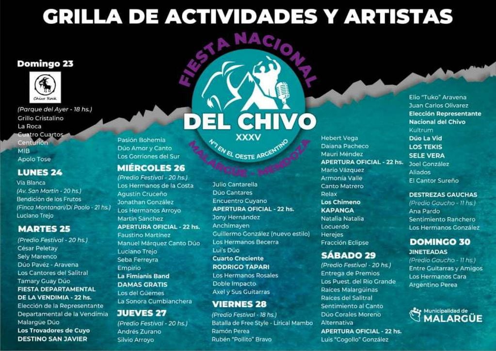 Cronograma de artistas y actividades prevista para la 35° Fiesta Nacional del Chivo en Malargüe.