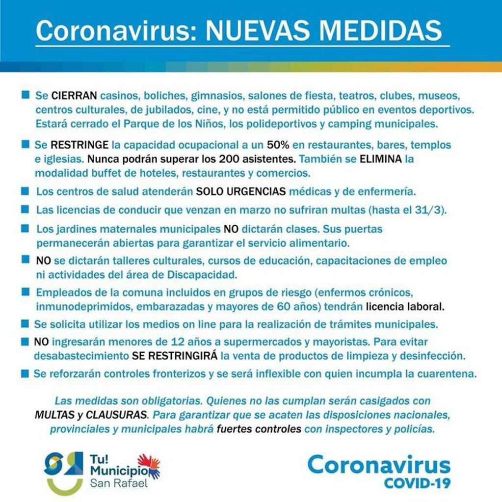 Nuevas medidas por coronavirus San Rafael