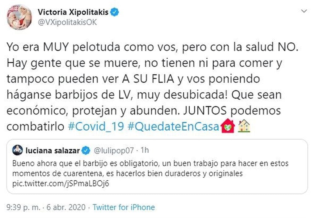 Cruce tuitero entre Luli Salazar y Vicky Xipolitakis (Twitter)