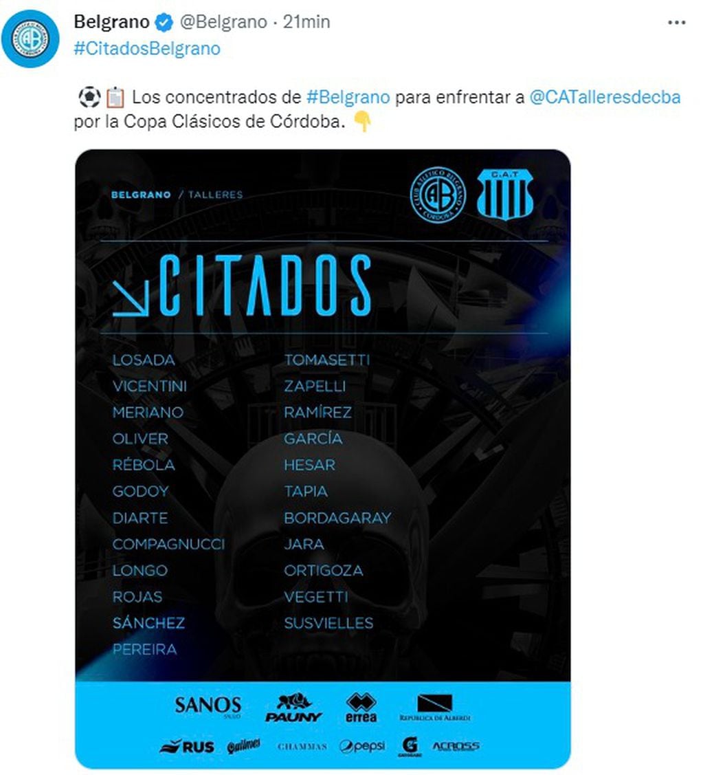 La lista de concentrados de Belgrano para el clásico de este sábado ante Talleres.