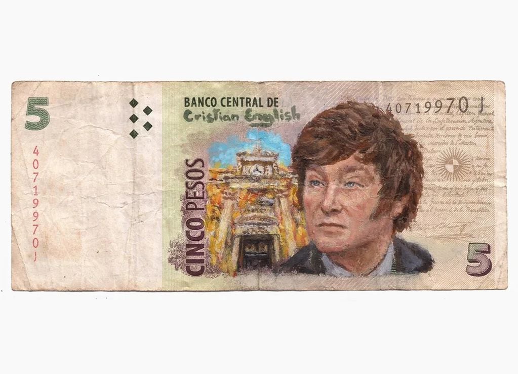 Cristian English es el comodorense que diseñó un billete con la cara de Javier Milei.
