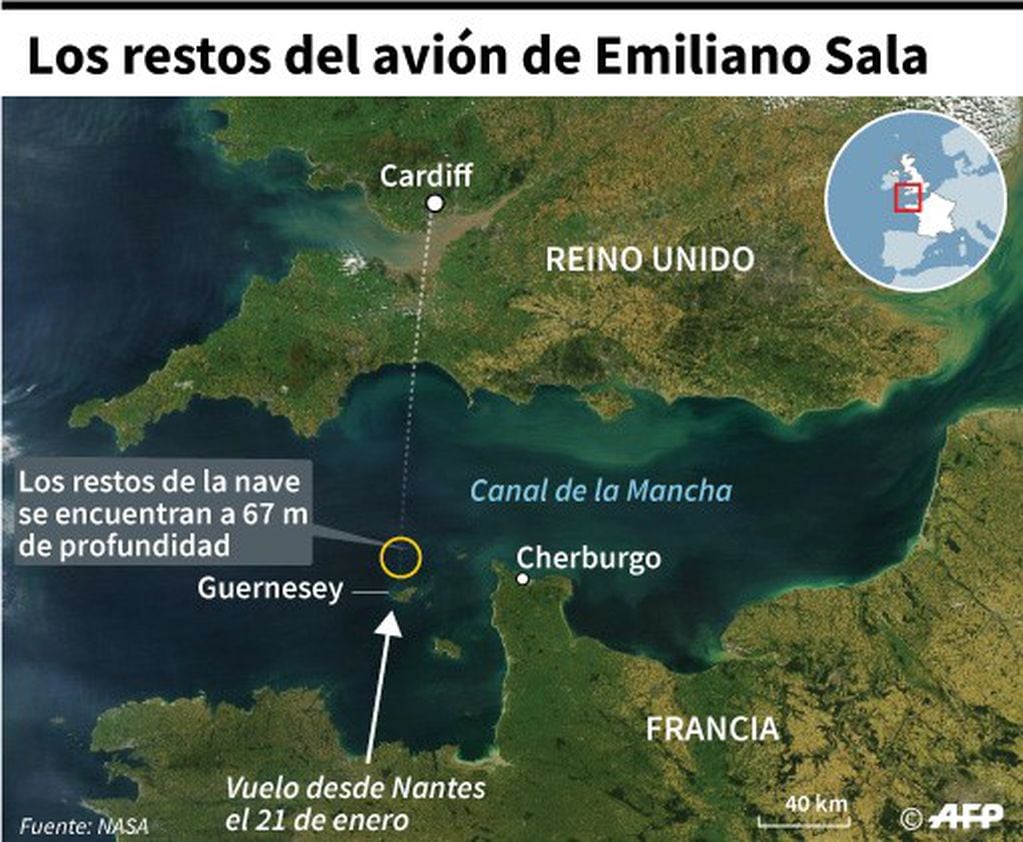 El lugar donde fue hallado Emiliano Sala, a 67 metros de profundidad en el Canal de la Mancha. (AFP)
