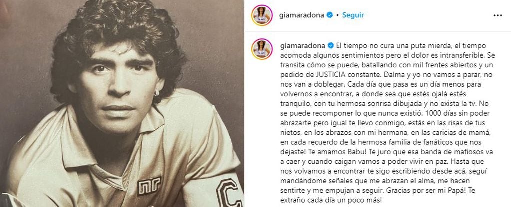 El desgarrador posteo de Gianinna Maradona a mil días de la muerte del astro.