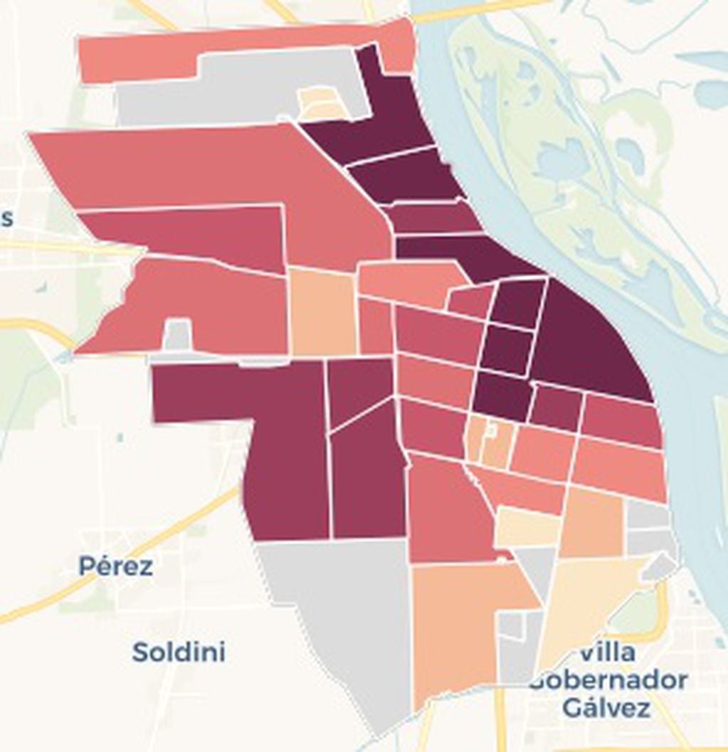 Precios de los alquileres en Rosario, barrio por barrio. Los colores más oscuros representan un monto mayor.