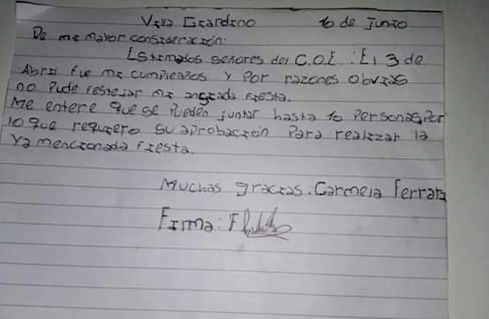 La carta de una pequeña de Villa Giardino al COE. (Foto: Municipalidad de Villa Giardino).