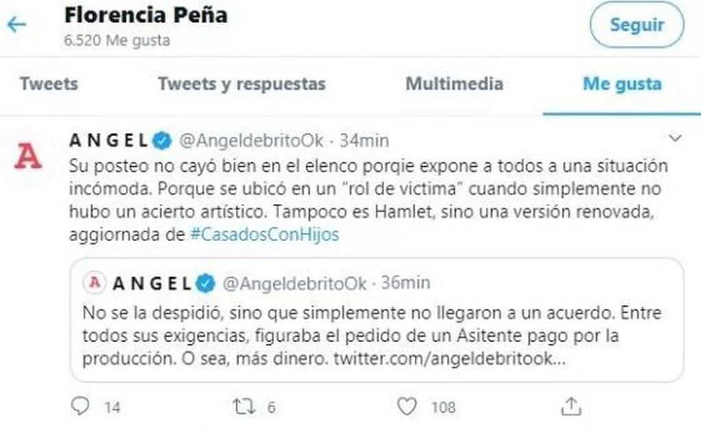 Ángel de Brito contó la trastienda de lo sucedido en Twitter y Florencia Peña mostró su aprobación al relato con "me gusta" en dos punzantes posteos,