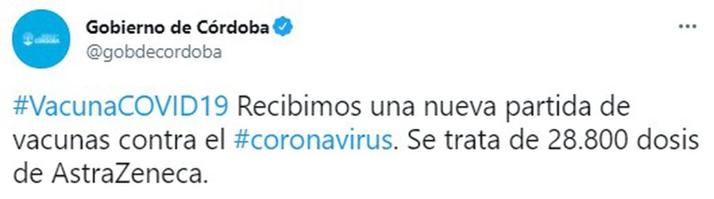 El Gobierno de Córdoba informó la llegada de un nuevo lote de AstraZeneca.