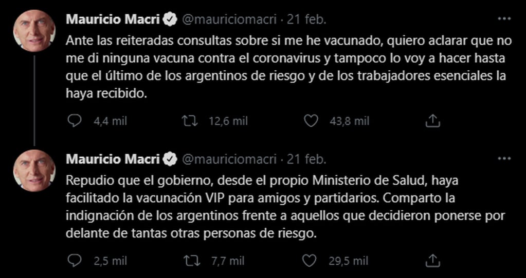 Mauricio Macri dijo que no se vacunaría "hasta que el último de los argentinos de riesgo y de los trabajadores esenciales la haya recibido (la vacuna)"