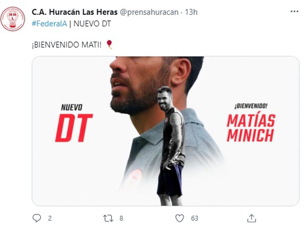 Huracán Las Heras le dio la bienvenida a Matías Minich por medio de las redes sociales.