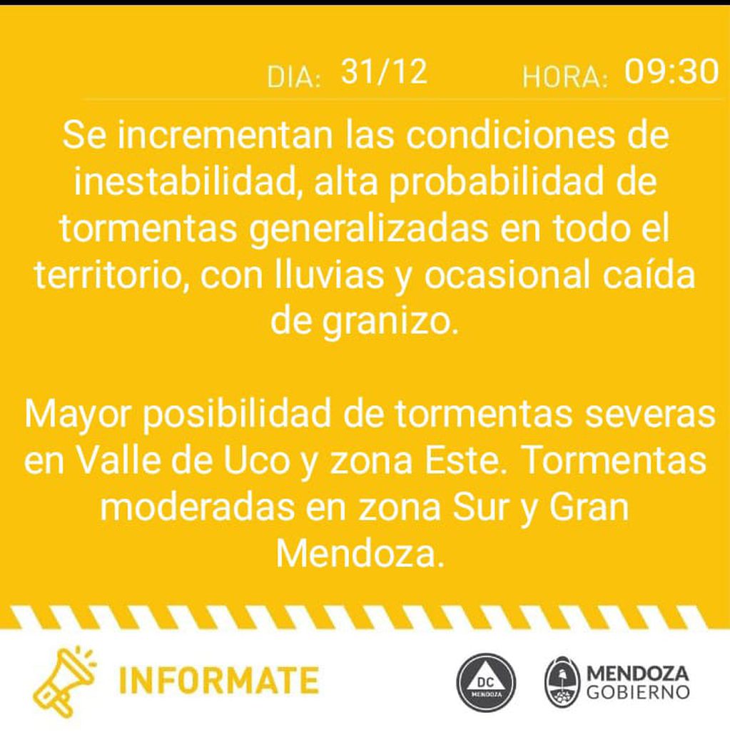 Alerta por tormentas, lluvia y granizo en Mendoza.
