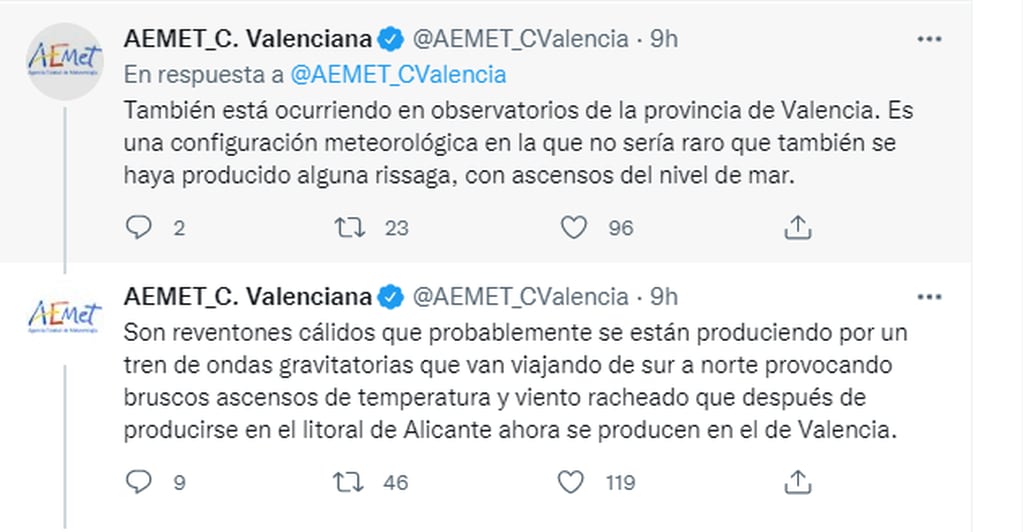 El servicio meteorológico valenciano explicó los fuertes vientos.
