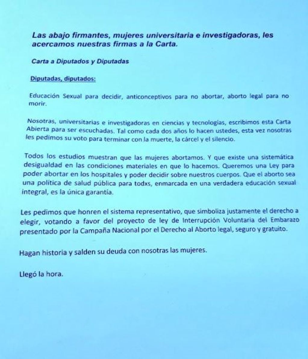 La carta firmada en Neuquén por la despenalización del aborto.