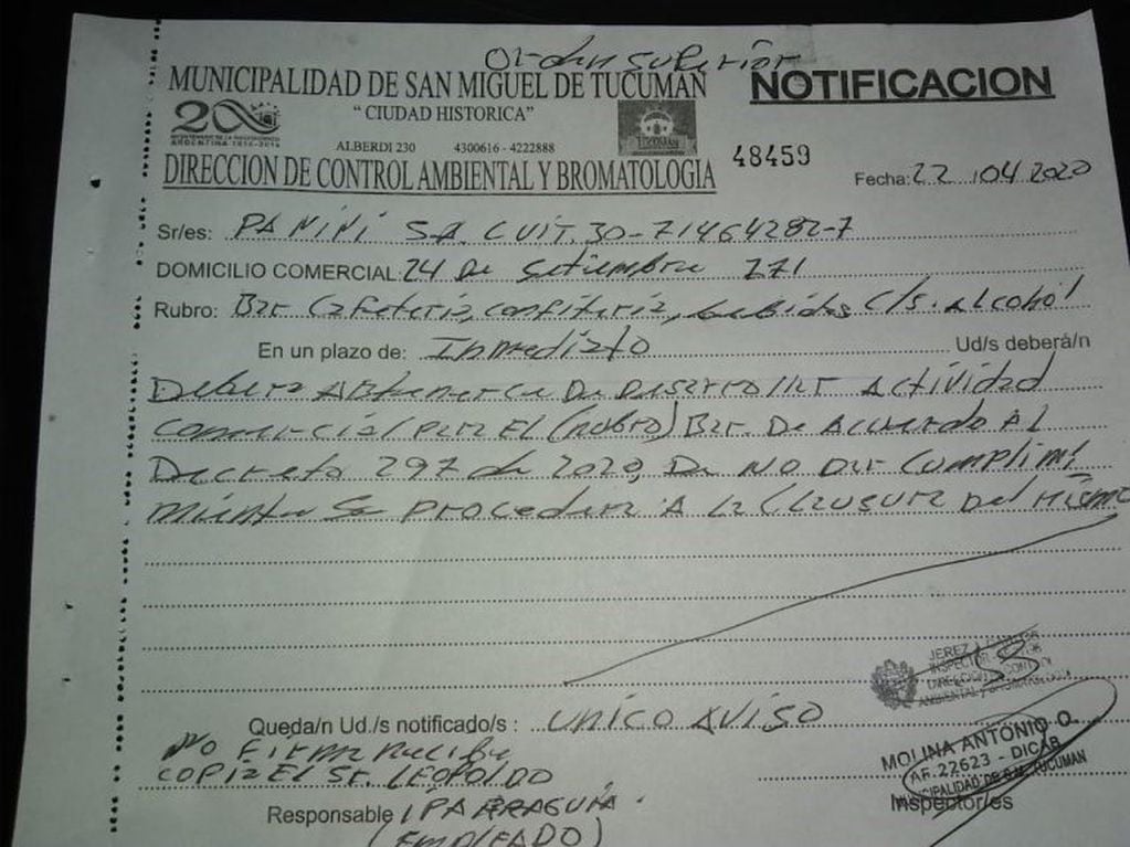 Notificación de la Municipalidad de San Miguel de Tucumán.