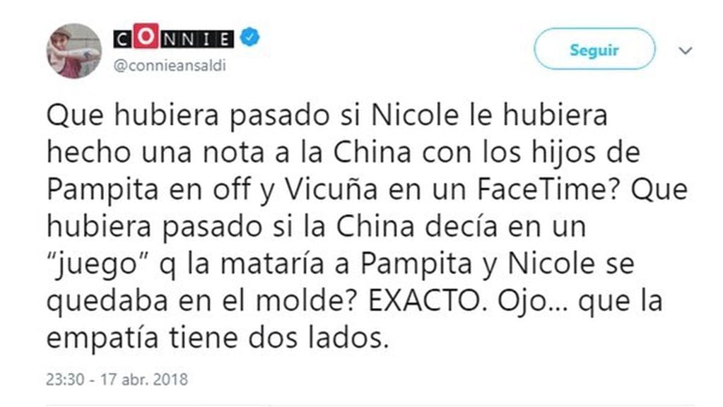 Nicole Neumann, molesta con Pampita por haber sacado al aire a sus tres hijas.