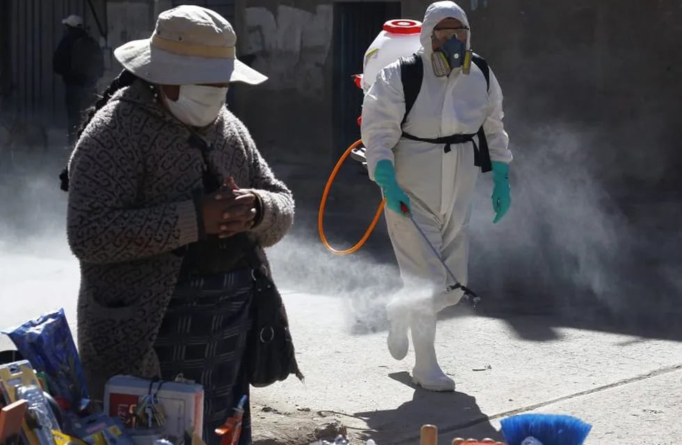 TOPSHOT - A municipal worker sprays disinfectant past a street vendor at a market in Puno, Peru, near the border with Bolivia, on June 10, 2020. - The inhabitants of the Andean heights of Bolivia and Peru have resisted the new coronavirus better than their compatriots of the low lands, which has called experts' attention. (Photo by Carlos MAMANI / AFP)