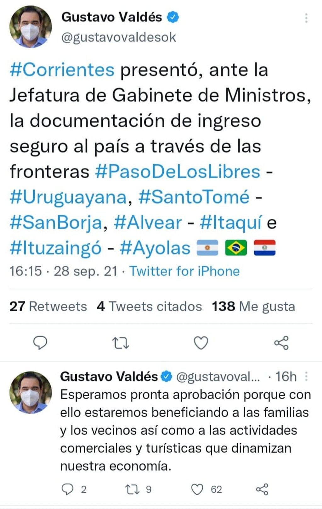 Anuncio oficial del gobernador correntino por el pedido formal de apertura de los pasos fronterizos en Corrientes.
