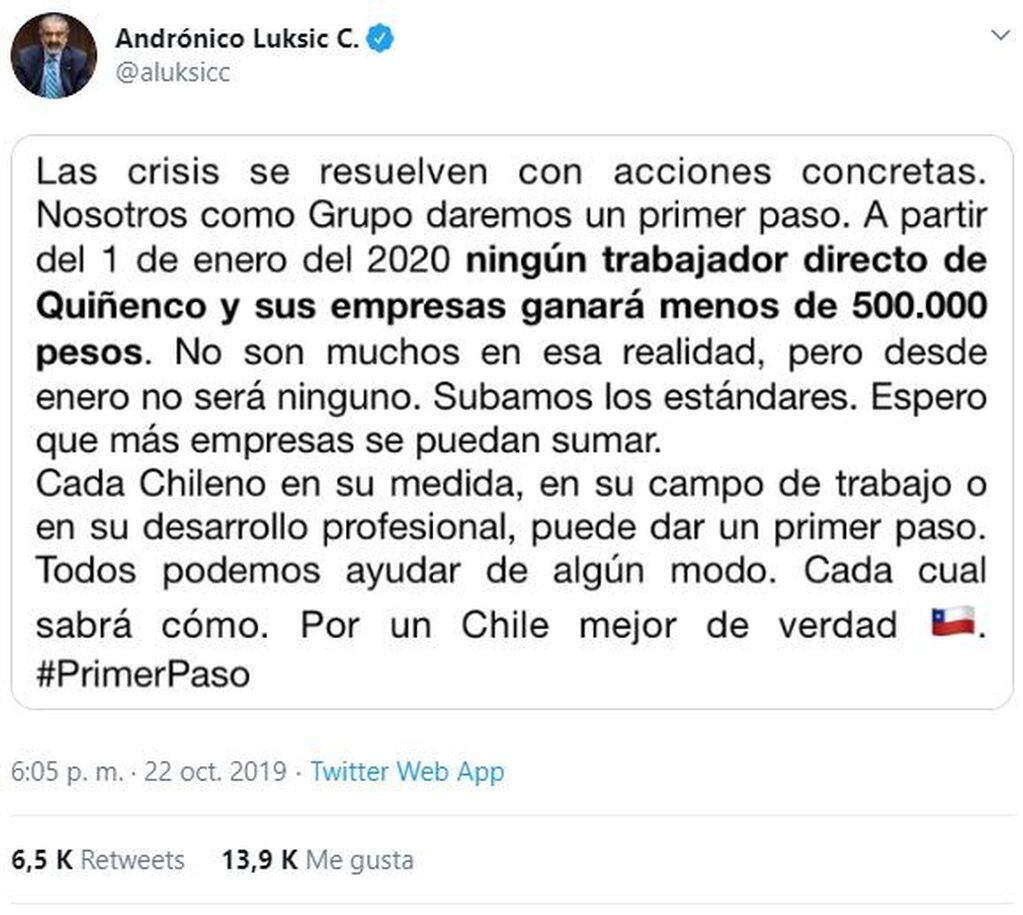 "La crisis se resuelven con acciones concretas", el mensaje de Andrónico Luksic C. (Twitter / @aluksicc)