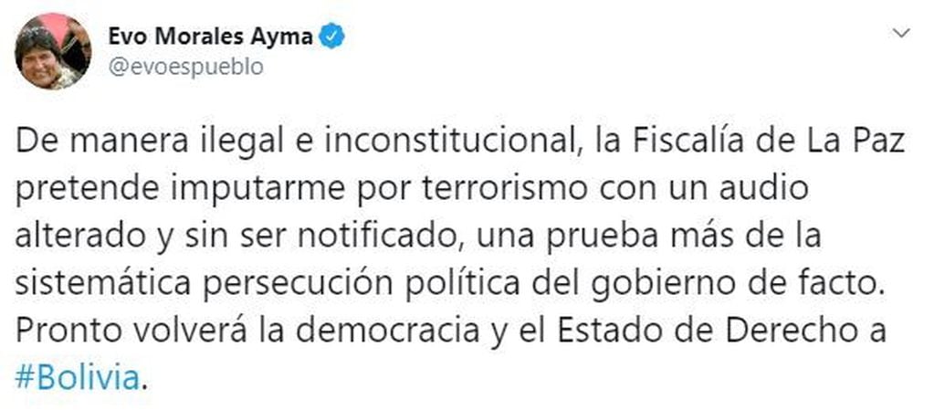 El mensaje de Evo Morales en Twitter.
