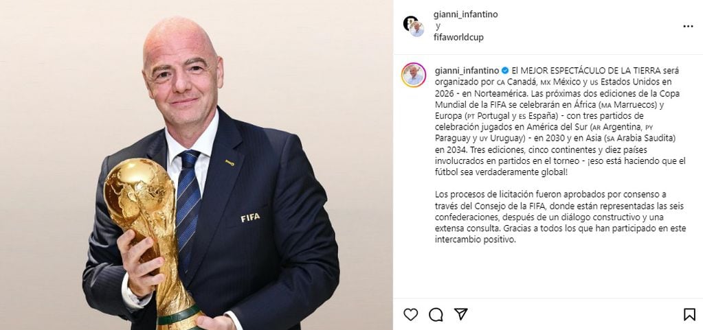 Gianni Infantino confirmó la sede del Mundial 2034