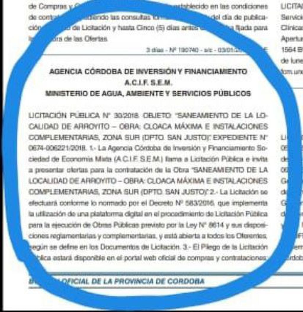 Documento Boletin Oficial Obra de Cloacas Arroyito