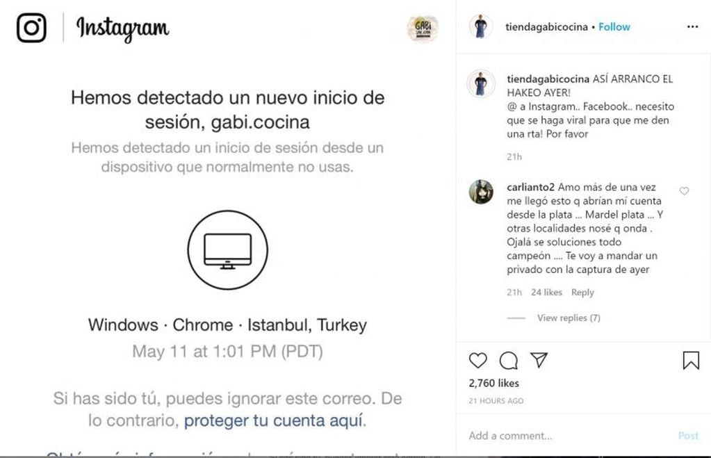 Hackearon las cuentas de Gabi Cocina (Instagram tiendagabicocina)