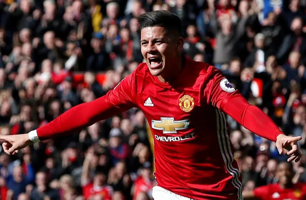 Britain Soccer Football - Manchester United v AFC Bournemouth - Premier League - Old Trafford - 4/3/17 Manchester United's Marcos Rojo celebrates scoring their first goal  Reuters / Andrew Yates Livepic EDITORIAL USE ONLY. No use with unauthorized audio, video, data, fixture lists, club/league logos or \