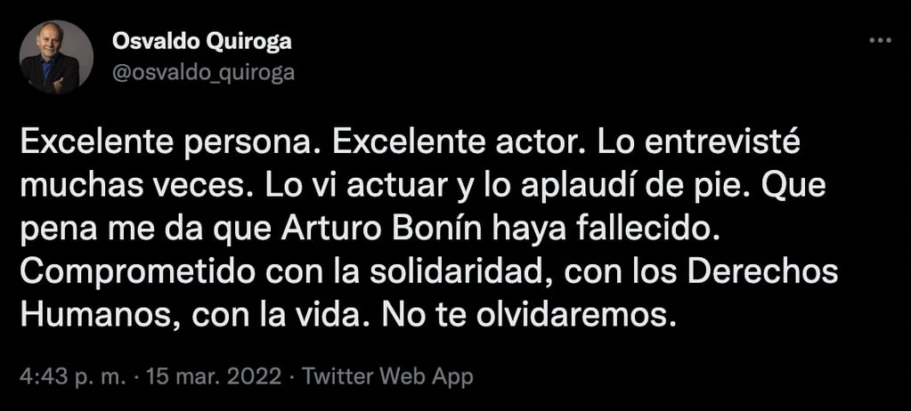 El tuit del periodista Osvaldo Quiroga.