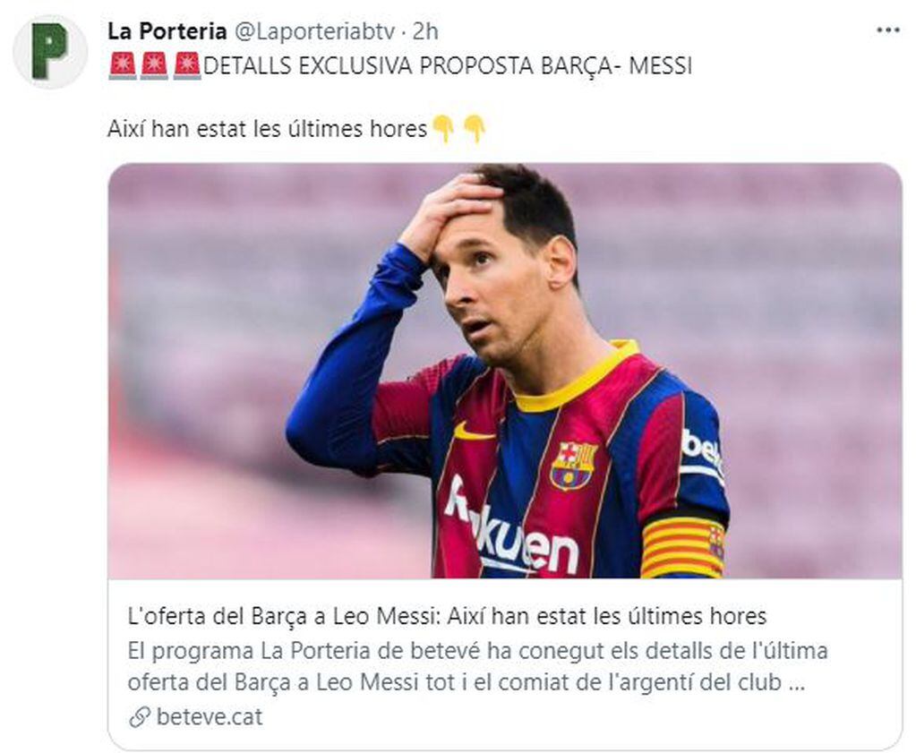 La Portería, del canal de TV español Betevé, informó sobre una supuesta última oferta del Barcelona a Leo Messi.