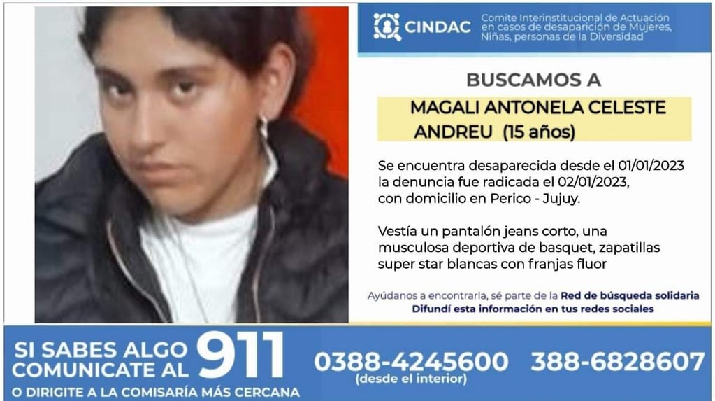 Magalí Antonela Celeste Andreu, la adolescente jujeña de 15 años que es buscada en Perico y Monterrico.