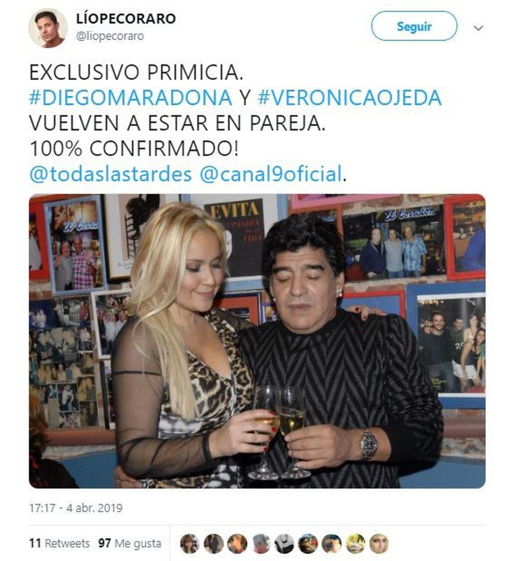 Lío Pecoraro confirmó la reconciliación de Diego Maradona y Verónica Ojeda (Foto: captura Twitter/liopecoraro)