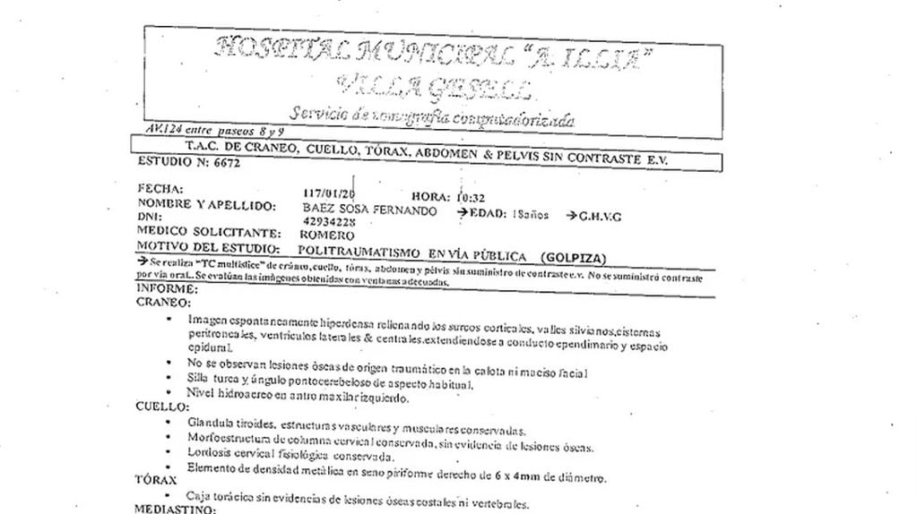 El informe médico del Hospital Illia que atendió a Fernando Báez Sosa en Villa Gesell la noche del ataque.