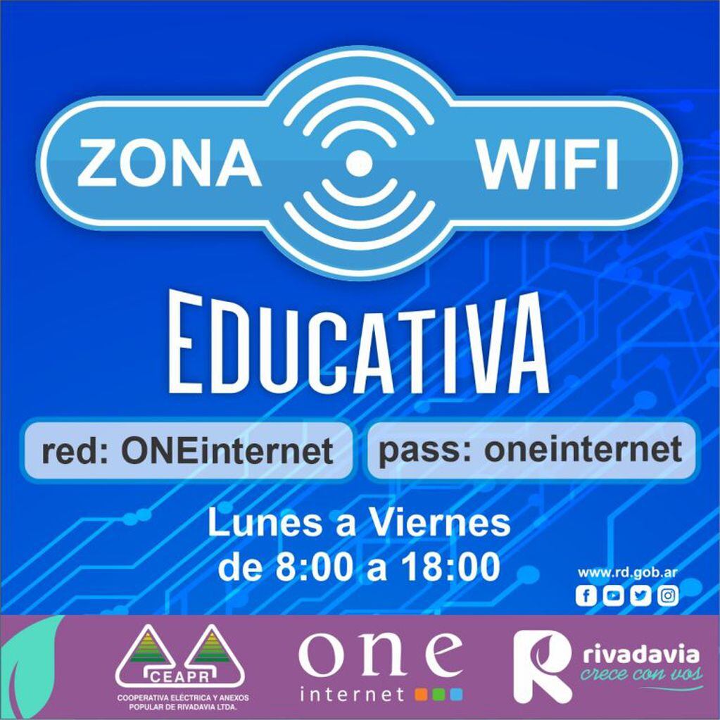 Zona Wifi en Rivadavia. Habilitado por la Municipalidad del departamento.