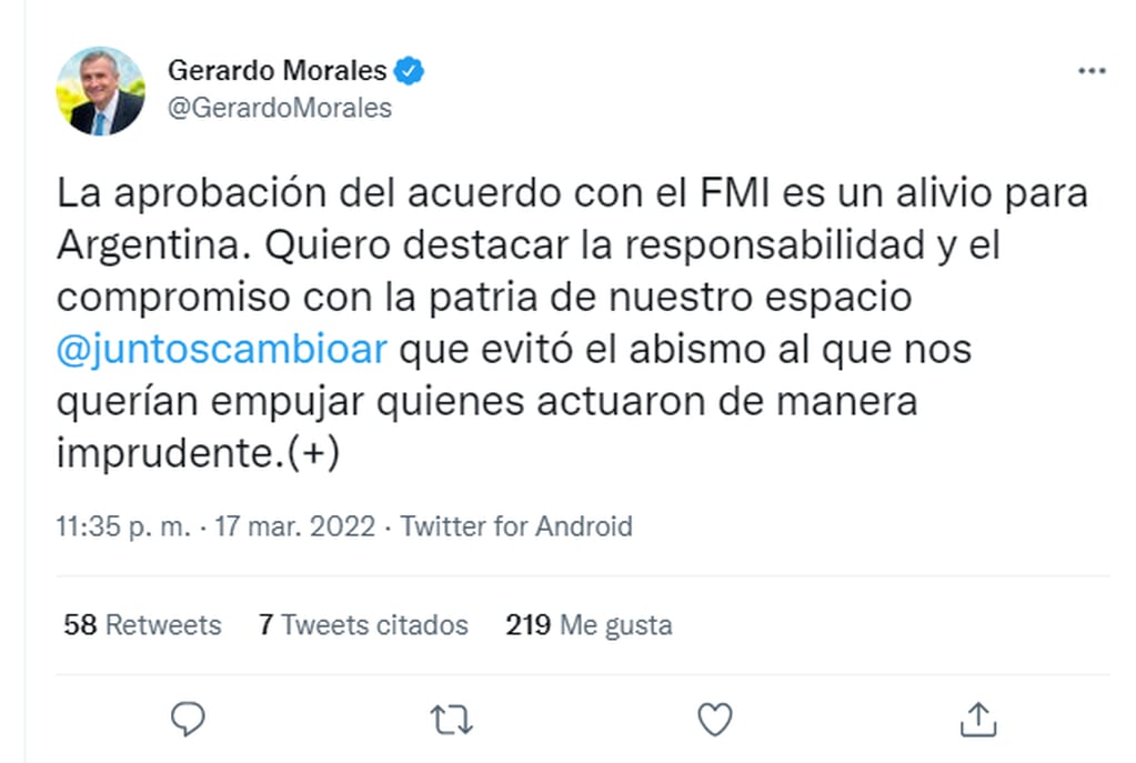El gobernador Morales se expresó en Twitter tras que el Congreso aprobara el acuerdo con el FMI: "Es un alivio para Argentina", dijo.