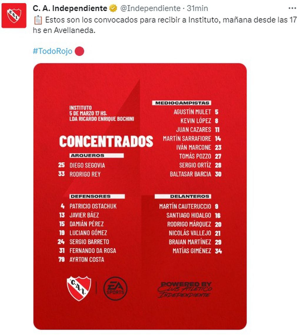 La lista de concentrados de Independiente, para recibir a Instituto