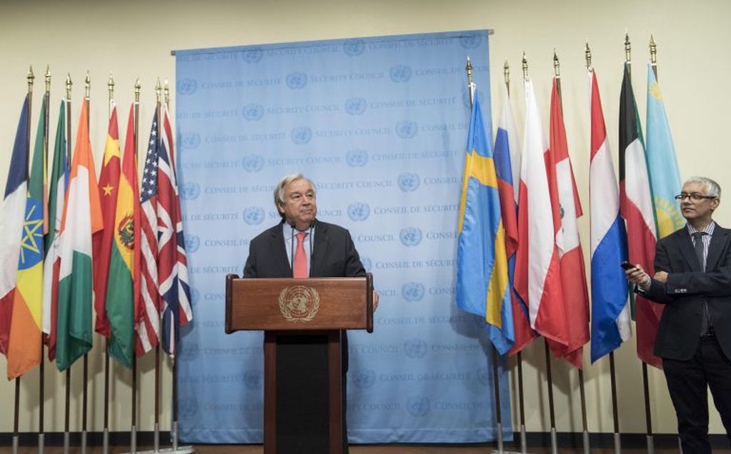 El secretario general de la ONU, António Guterres, habla hoy, viernes 10 de agosto de 2018, durante el nombramiento de la expresidenta chilena Michelle Bachelet como nueva alta comisionada de las Naciones Unidas para los Derechos Humanos, en la sede de este organismo en Nueva York (EE.UU.)