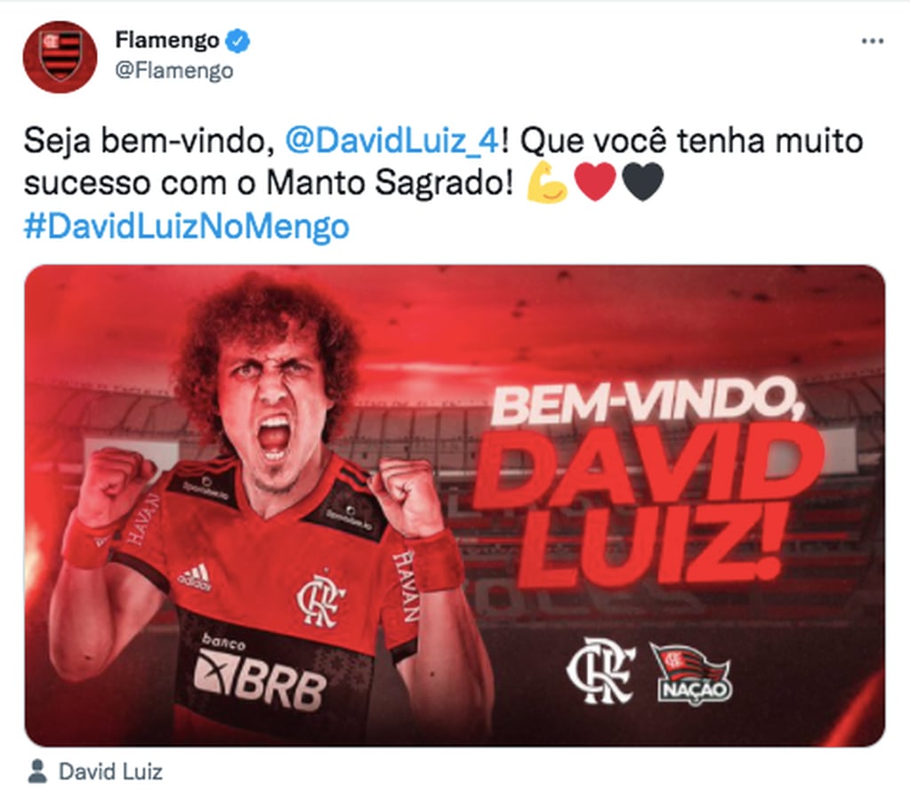 Flamengo presentó el fichaje de David Luiz en sus redes sociales.