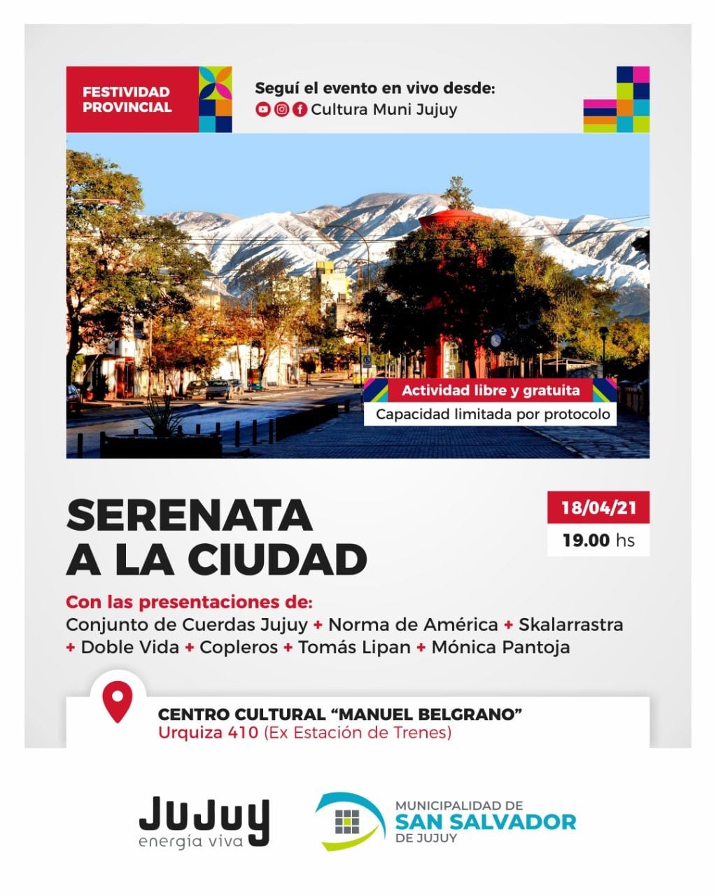 Flyer que anuncia la "Serenata a la Ciudad", anunciada para la víspera del 428° aniversario de la fundación de San Salvador de Jujuy.