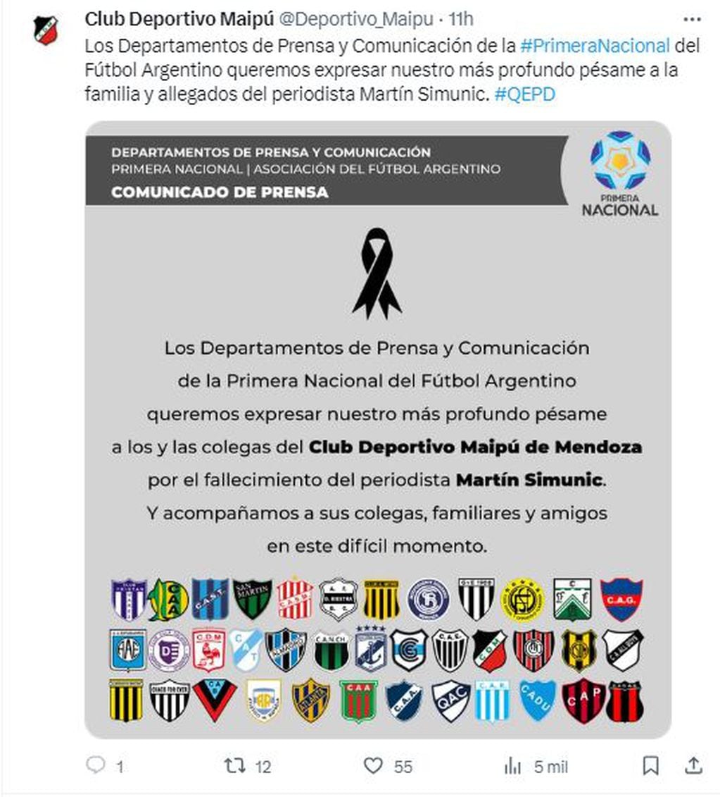 Mensaje del Deportivo Maipú tras la muerte de Martín Simunic
