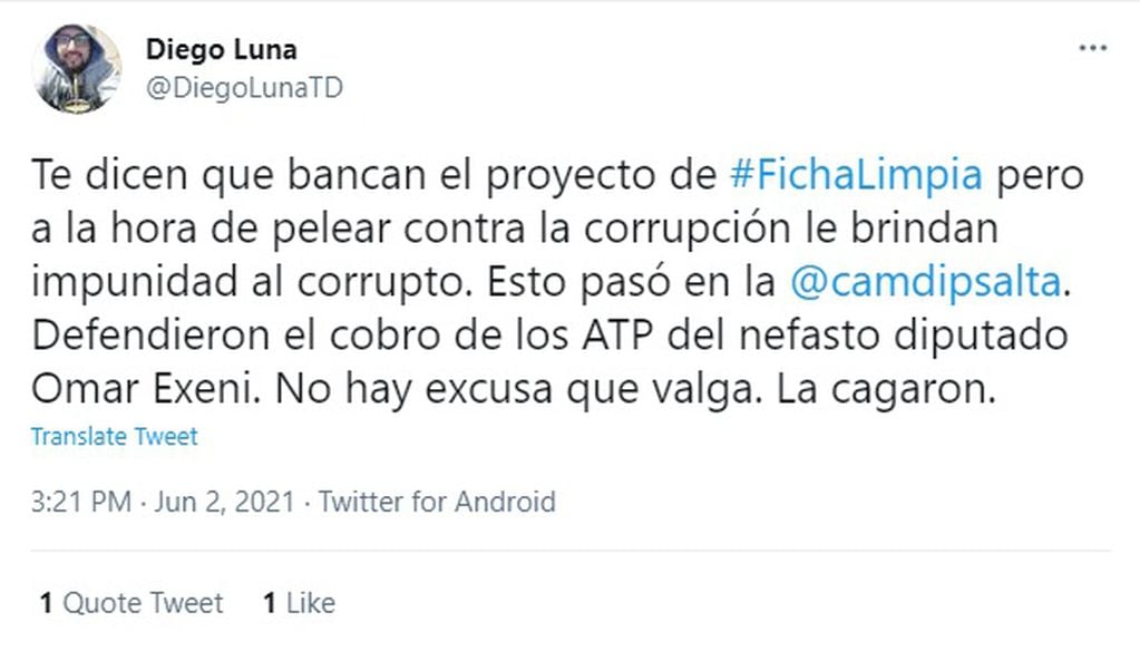 En las redes sociales los salteños criticaron al diputado por cobrar el ATP.