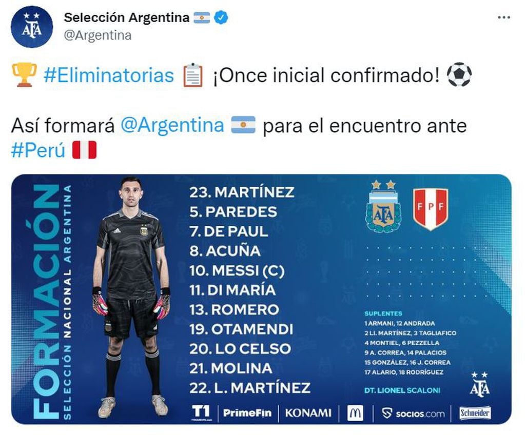 La formación de la Selección Argentina para el partido ante Perú