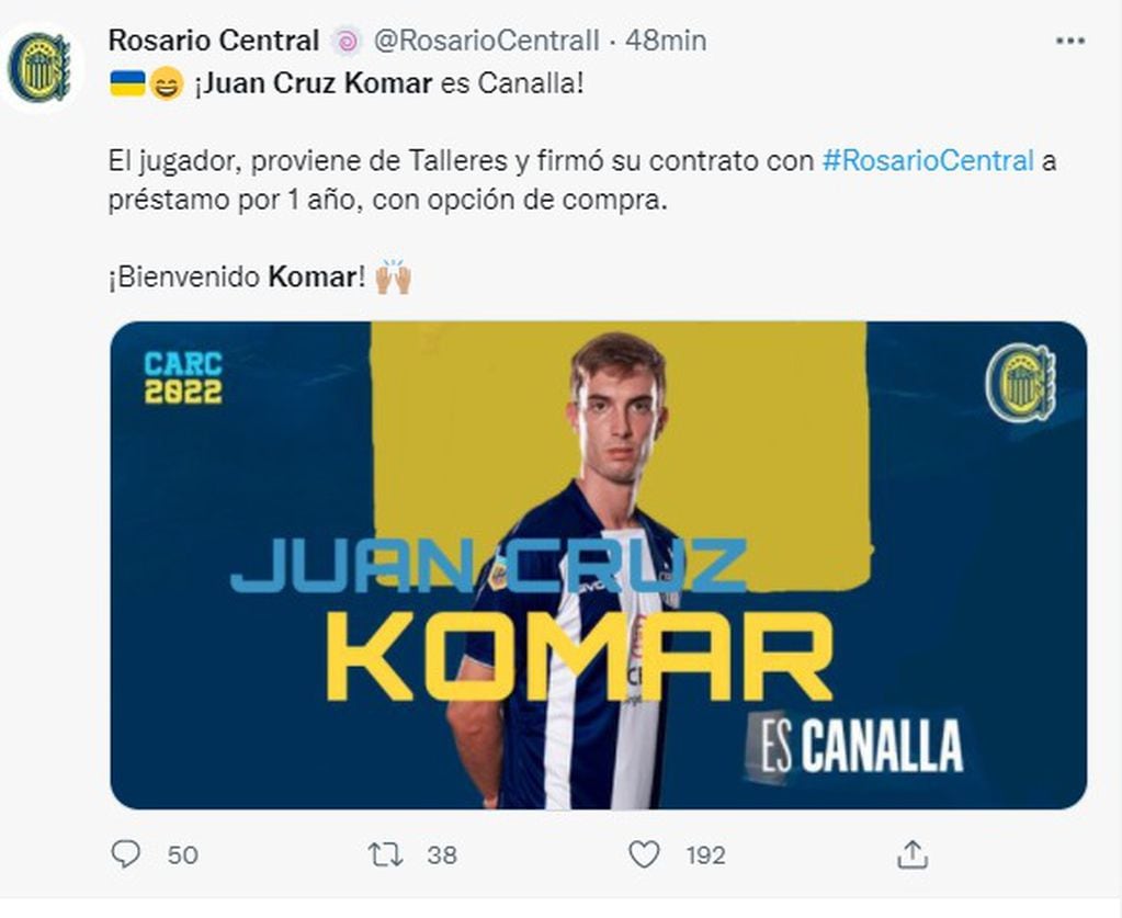 Juan Cruz Komar cumple su deseo de jugar en Rosario Central, club del que es hincha. A préstamo y con obligación de compra.